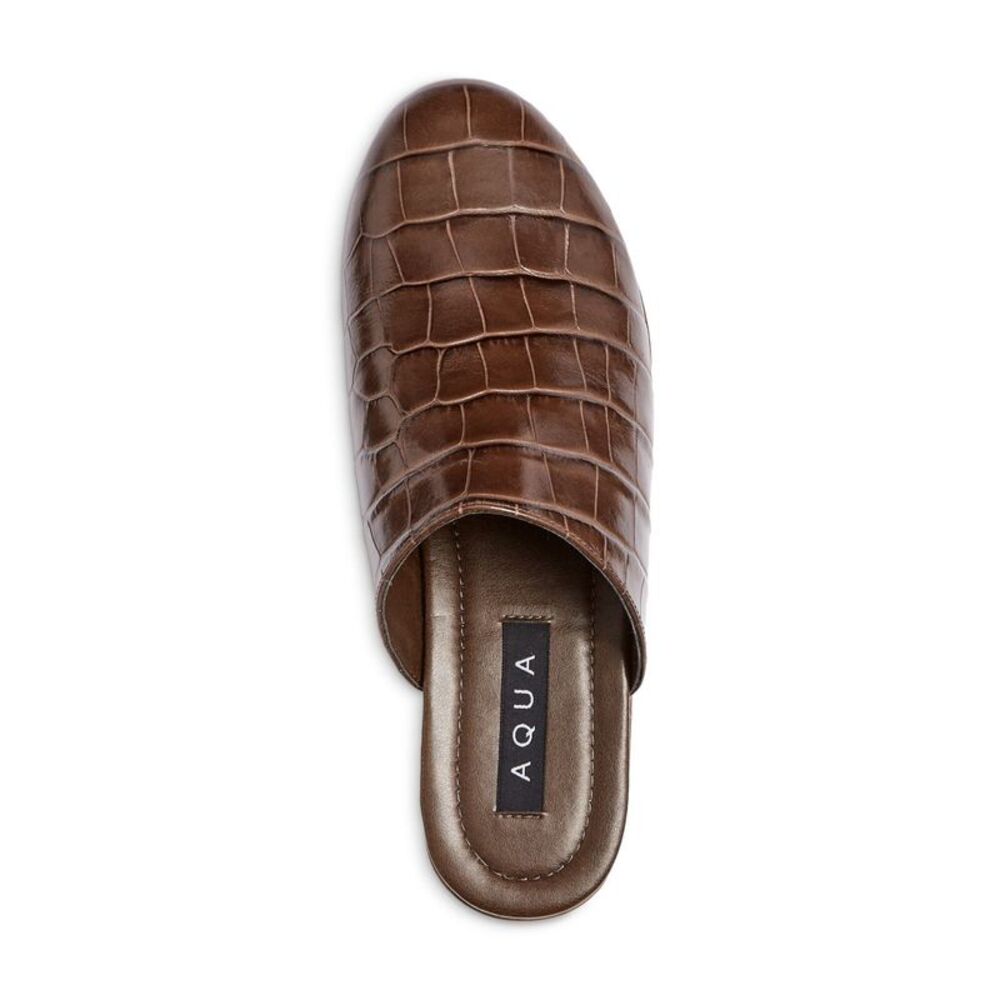 AQUA Womens Brown Crocodile Toe Block Heel Slip On Leather Clogs Shoes 7.5 B - Picture 3 of 4